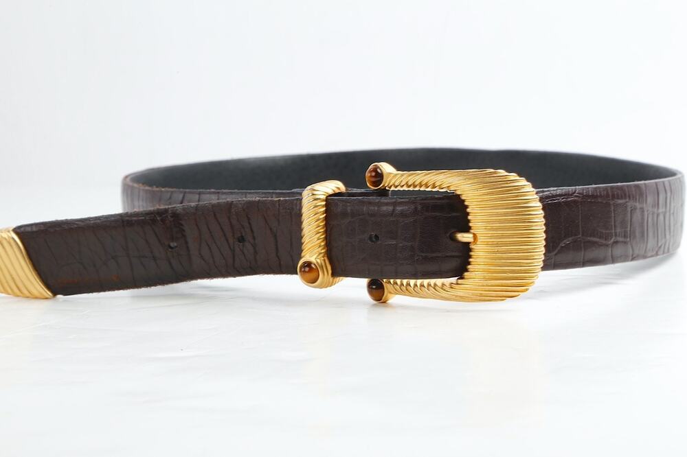 Vintage Carlisle Brown Croc Embossed Leather Belt Gold Ribbed Tiger Eye Buckle